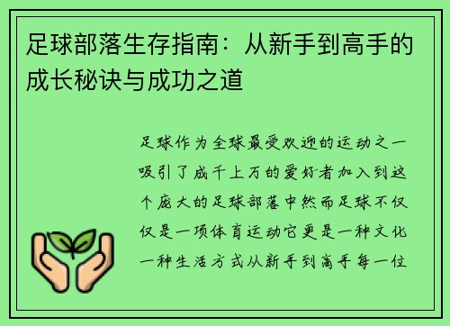足球部落生存指南：从新手到高手的成长秘诀与成功之道